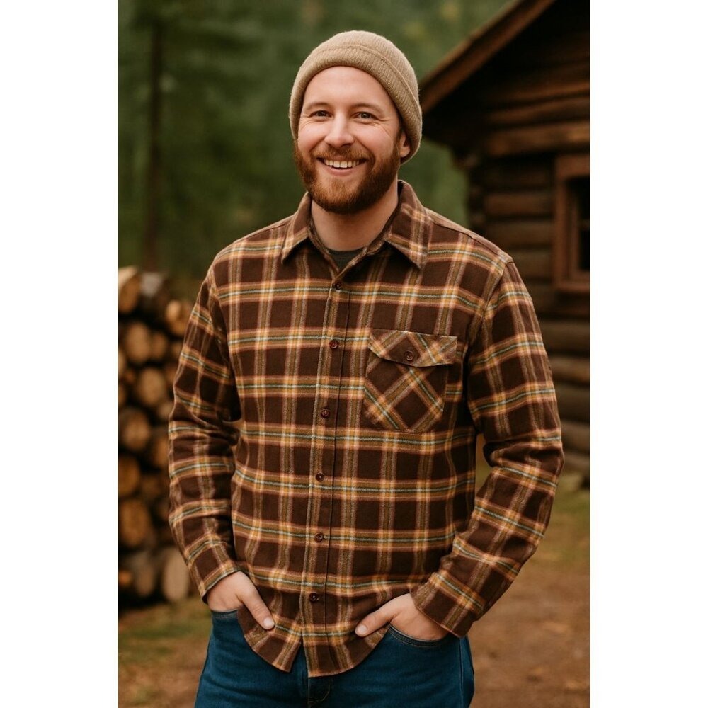 SEARS Flannel Shirt Mens XL Plaid Brown Cozy Dadcore Button-Up Vintage Americana